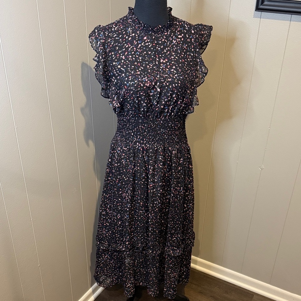 Aqua Women’s Large Black and Pink Ruffle Smocked Maxi Dress - Picture 1 of 9